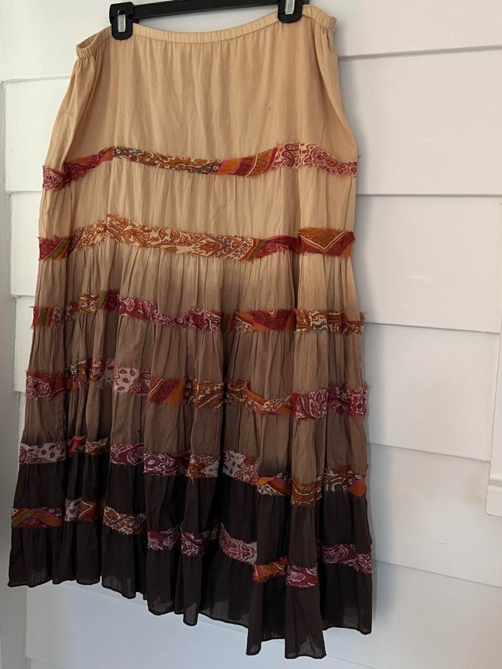 Y2K Fashion Bug Patchwork Boho Ombre Tiered Maxi Skirt in Beige and Brown
